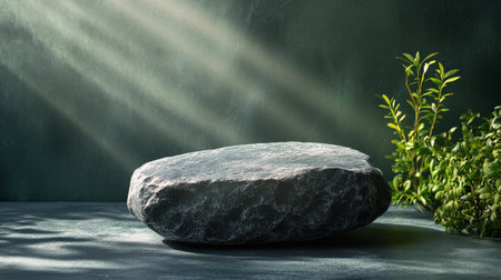 A circular stone pedestal sits in a softly lit area, surrounded by textured green walls. Shadows stretch from the top, creating an artistic interplay of light and dark on the surface.の素材