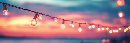 Softly glowing string lights illuminate the twilight sky, casting warm light over a gathering as vibrant sunset hues blend across the horizon, creating a serene atmosphere.の素材