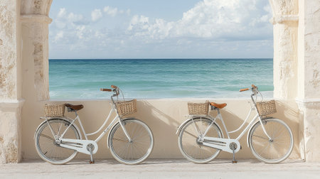Two classic bicycles with wicker baskets are parked next to a stunning seascape featuring calm turquoise waters and soft clouds in a bright sky, creating a serene coastal atmosphere.の素材