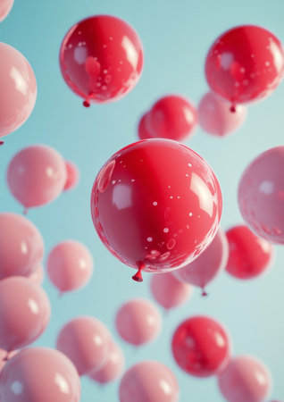 A cluster of red and pink balloons hovers gracefully against a light, textured background. The colors create a cheerful and whimsical atmosphere, perfect for celebrations.の素材