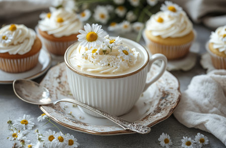 A lovely assortment of cupcakes topped with cream and daisies sits beside a cup filled with a cupcake. The warm colors create a cozy atmosphere perfect for an afternoon gathering.の素材