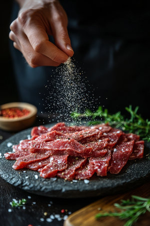A hand sprinkles a colorful mix of spices over neatly arranged strips of raw beef on a slate plate, creating an appetizing dish. Fresh herbs add a touch of green to the warm kitchen vibe.の素材