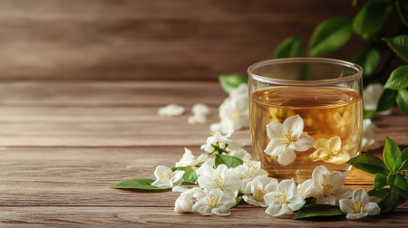 A glass cup filled with herbal tea sits elegantly on a wooden table, surrounded by fragrant white blossoms. Natural light enhances the serene atmosphere of this cozy setting.の素材