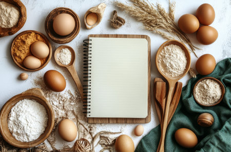 A rustic kitchen setup features fresh eggs, flour, and kitchen tools surrounding a blank notebook, ready for baking. Soft fabric adds a warm touch to the baking scene.の素材