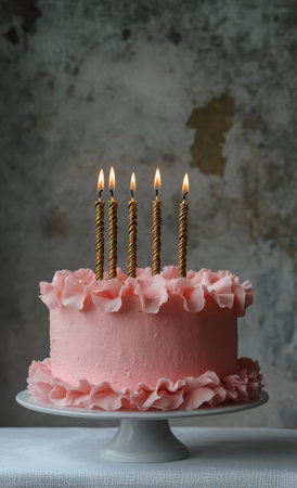 This delightful pink cake features ruffled icing and five lit candles, making it a centerpiece for a celebration. The soft lighting enhances the cakes charm and sets a festive mood.の素材