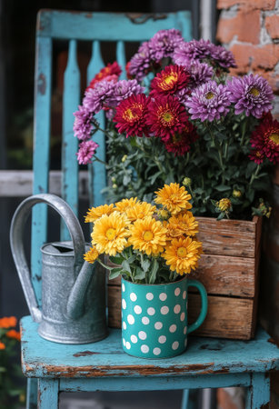 A rustic blue chair holds a polka dot pot filled with vibrant yellow flowers, surrounded by colorful potted plants and a watering can, set against a charming brick wall.の素材