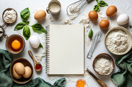 A rustic kitchen setup features fresh eggs, flour, and kitchen tools surrounding a blank notebook, ready for baking. Soft fabric adds a warm touch to the baking scene.の素材