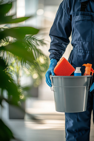A person in blue work attire holds a blue bucket filled with orange sponges while walking through a clean, well lit corridor. The area features vibrant greenery in the background.の素材