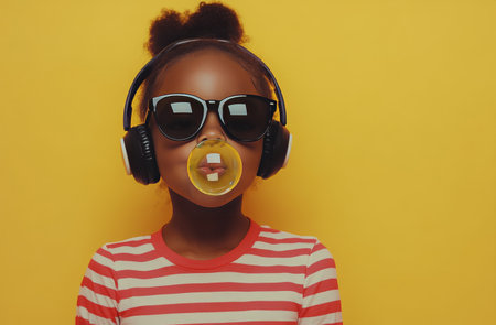 A girl stands confidently with headphones on, wearing oversized sunglasses. She blows a bubble with gum, showcasing a playful expression against a vibrant yellow backdrop.の素材