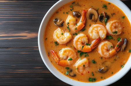A hearty shrimp soup is presented in a dark bowl, featuring tender shrimp, mushrooms, and fresh herbs, set against a backdrop of a rustic wooden table.の素材