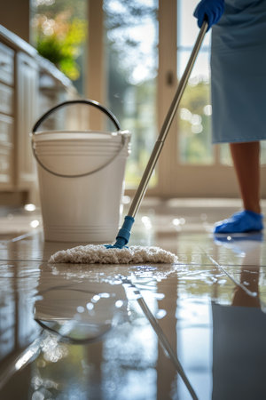 In a well lit kitchen, an individual in blue attire is mopping a glossy floor. The scene showcases the vibrant flowers on the counter, adding a touch of warmth to the cleaning process.の素材
