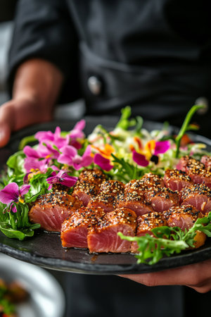 A skilled server presents a beautifully arranged platter featuring sesame crusted salmon pieces, surrounded by fresh herbs and colorful edible flowers. The atmosphere exudes sophistication.の素材