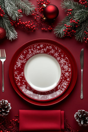 A beautifully arranged dining table features red and white plates stacked on a vibrant red tablecloth. Surrounding the plates are festive decorations including ornaments and greenery.の素材