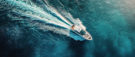 A sleek luxury boat navigates through sparkling turquoise waters under the bright sunlight, creating white waves behind. The clear sky enhances the vibrant colors of the scene.の素材