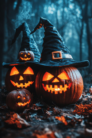 Three carved pumpkins wearing witch hats sit among fallen leaves, their glowing faces casting an eerie light in a dark forest. The atmosphere is moody and festive for Halloween celebrations.の素材