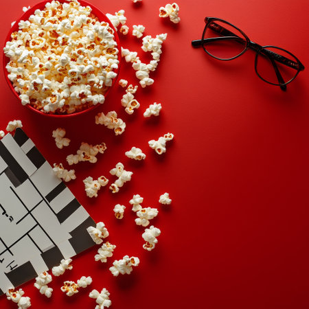 A lively arrangement features scattered popcorn, black 3D glasses, and a clapperboard set against a bright red background, creating a fun atmosphere for a movie night.の素材
