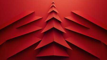A vibrant red paper tree consists of layered triangular shapes set against a matching red background, emphasizing a minimalistic artistic style perfect for holiday or festive themes.の素材