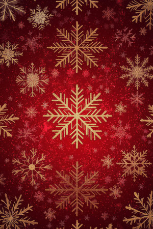 Intricate golden snowflakes are artistically arranged over a vibrant red backdrop, evoking a warm holiday spirit. The design showcases delicate details, perfect for seasonal celebrations.の素材