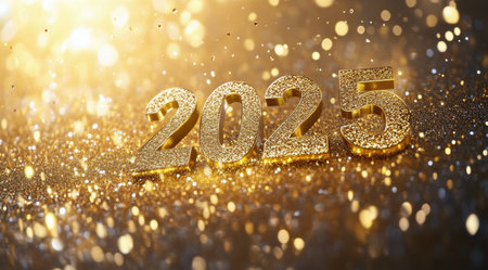 The year 2025 is displayed in large, glittering gold numbers, surrounded by a cloud of shimmering confetti, creating a festive atmosphere for New Year celebrations and future hopes.の素材