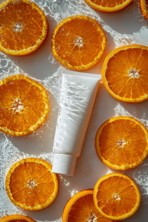 Slices of fresh oranges surround a cream tube on a bright yellow surface, showing droplets of water. This vibrant setup highlights freshness and skincare in a visually appealing manner.の素材