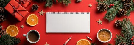 A warm and inviting workspace features a blank notepad surrounded by oranges, pine branches, festive gifts, and steaming mugs of coffee, creating a perfect atmosphere for holiday creativity.の素材