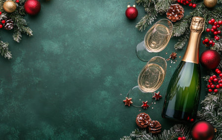 A beautifully arranged holiday setting features a bottle of champagne surrounded by elegant glasses, red ornaments, and greenery, evoking a joyful celebration during the festive season.の素材