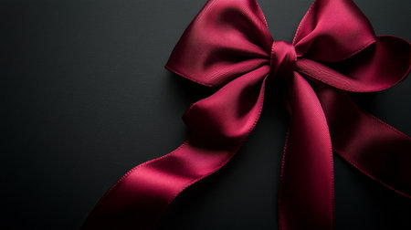 A vibrant red satin bow is displayed against a dark backdrop, showing its smooth texture and classic shape. This decorative piece is ideal for enhancing gifts and celebrations.の素材