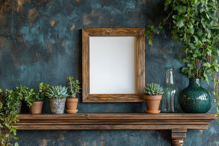 A wooden shelf holds various potted plants in terracotta and blue ceramic pots, alongside a blank frame and a large vase.の素材