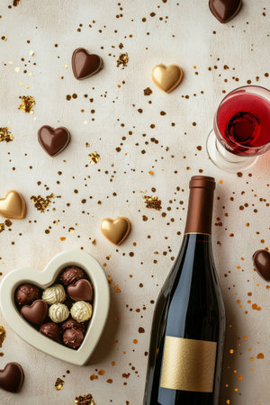 Two glasses of red wine sit next to a bottle on a table adorned with heart shaped chocolates and golden decorations, creating a romantic atmosphere ideal for celebrating love.の素材