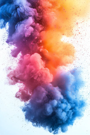 A burst of colored powders erupts against a white background, showing shades of blue, pink, orange, and yellow. The vibrant colors blend and create an artistic cloud, symbolizing energy.の素材
