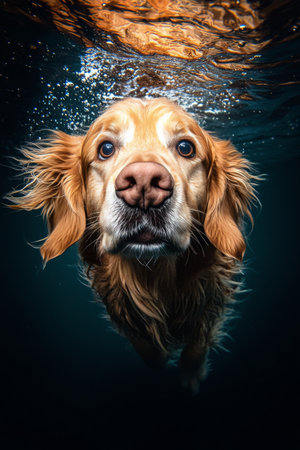 A golden retriever swims gracefully underwater, its fur flowing and bubbles surrounding it. The vibrant colors create a captivating and tranquil atmosphere showcasing the dogs joyful adventure.の素材