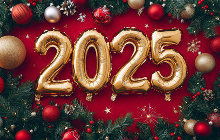 The golden balloons displaying the numbers 2025 are prominently placed amid holiday decorations. Surrounding them are red ornaments, pine cones, and green foliage, creating a festive atmosphere.の素材