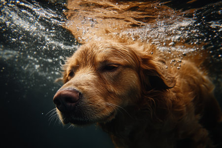 A golden retriever swims joyfully under the water, creating splashes as it moves. The bright sunlight illuminates its fur, enhancing the vibrant underwater environment.の素材