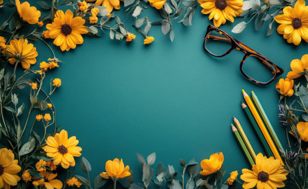 A vibrant arrangement features fresh yellow flowers alongside glasses, pens, and stationery on a teal surface. The setup creates a cheerful and inviting workspace.の素材
