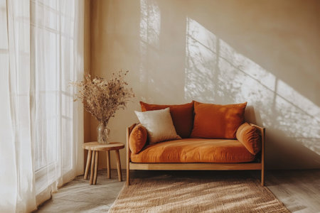 A warm living room features an orange couch paired with decorative pillows, a small table, and a vase of dried flowers. Soft natural light filters through the curtains, creating an inviting space.の素材