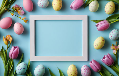 Brightly colored Easter eggs and vibrant flowers surround a blank frame set against a pastel background, creating a festive and cheerful atmosphere perfect for holiday greetings or decorations.の素材