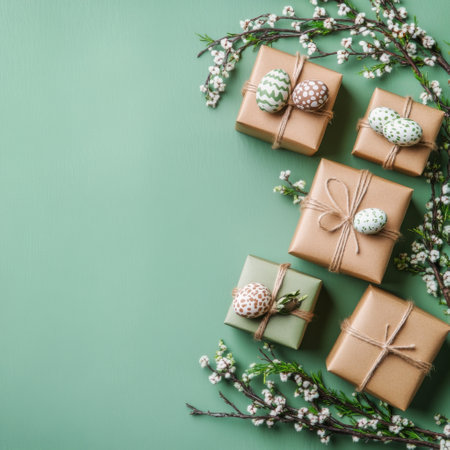 Several wrapped gifts lie on a green surface, adorned with twine and accompanied by delicate flowers, creating a festive atmosphere perfect for celebrations.の素材