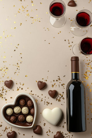 Two glasses of red wine sit next to a bottle on a table adorned with heart shaped chocolates and golden decorations, creating a romantic atmosphere ideal for celebrating love.の素材