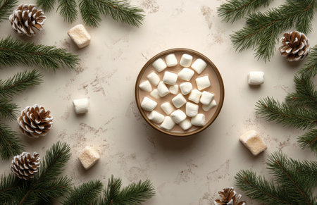 A cozy bowl of hot cocoa is filled with marshmallows, beautifully arranged among pine branches and pinecones. This setting evokes a warm winter atmosphere with seasonal elements.の素材