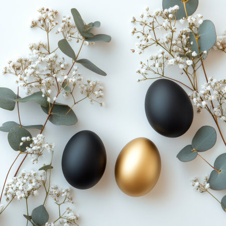Decorative eggs in gold, black, and white hues are elegantly placed among fresh greenery and small white flowers, creating a charming spring aesthetic perfect for festive occasions.の素材