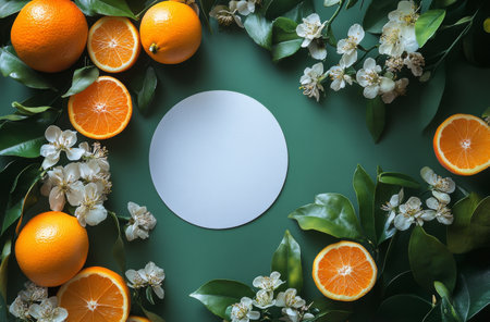 Fresh citrus fruits including oranges, lemons, and grapefruits are artistically arranged on a pastel green surface, surrounded by delicate white flowers and green leaves.の素材