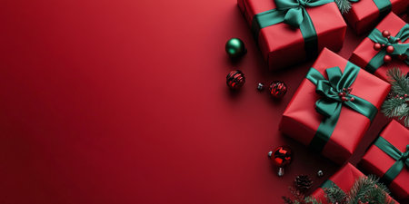 A collection of red and green wrapped gifts is surrounded by pine branches and ornaments. The rich red backdrop enhances the holiday spirit, perfect for seasonal celebrations.の素材