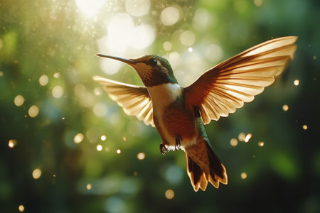 The small hummingbird is suspended in mid air, flapping its wings rapidly while surrounded by lush greenery. Sunlight streams through the water, creating a tranquil atmosphere.の素材
