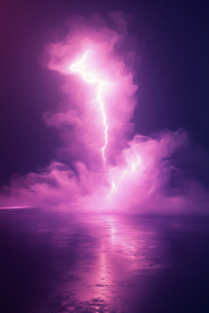 A captivating view of a tranquil body of water surrounded by a mystical purple fog during the twilight hours. The soft glow creates a peaceful and enchanting atmosphere.の素材
