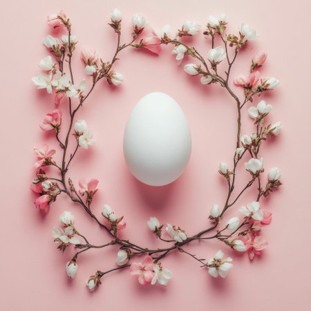 A pristine white egg is positioned centrally, encircled by blooming cherry blossom branches in soft pink and white, creating a serene spring atmosphere on a pastel background.の素材