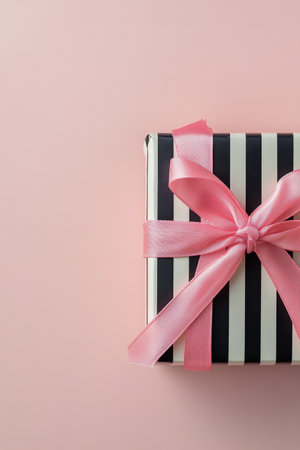 A beautifully wrapped black gift box featuring delicate pink ribbons rests on a soft pastel pink surface, perfect for celebrations or surprise events, conveying a sense of elegance and joy.の素材