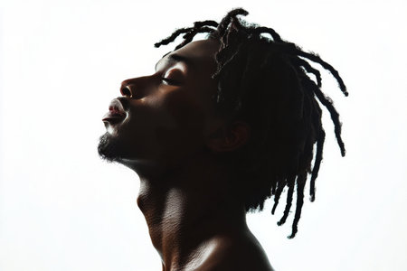 A young man with dreadlocks is depicted in profile, looking thoughtfully upwards. The soft background emphasizes his facial features and expression, creating an intimate moment.の素材