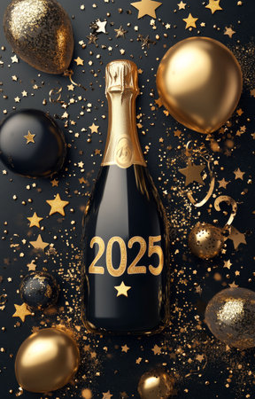 A beautifully arranged table displays a bottle of champagne labeled 2025, surrounded by sparkling golden decorations and a glass filled with bubbly, ready for a New Year party.の素材