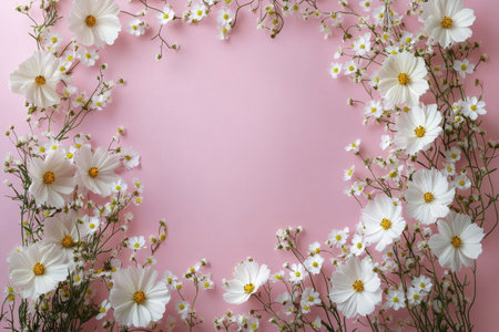 A collection of white flowers with yellow centers is arranged beautifully alongside thin branches. The subtle pink background enhances the floral display, creating an inviting atmosphere.の素材