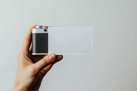 A hand is positioned in front of a light, textured wall, firmly holding a blank card with no markings. The setting is bright and simple, emphasizing the cards emptiness.の素材